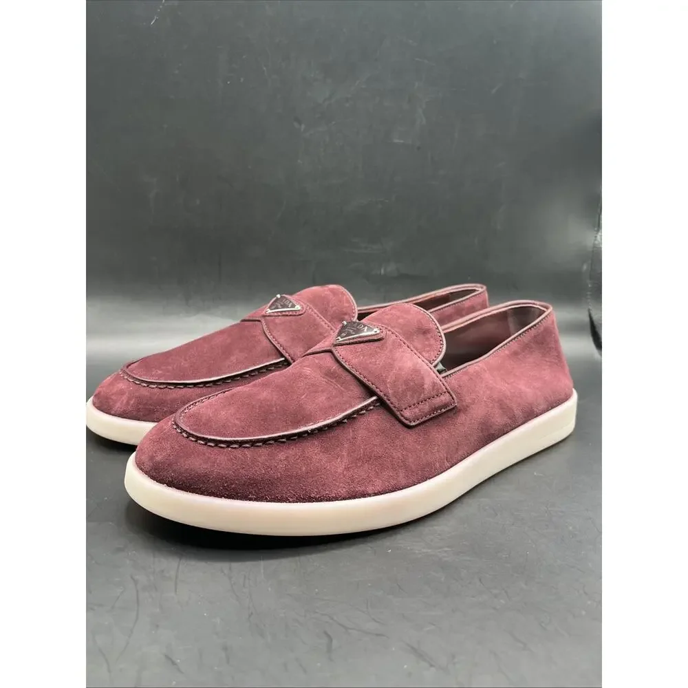 PRADA Suede Slip-On Loafers Logo Dress Shoes Men Prada Shoes Burgundy NWOTB READ